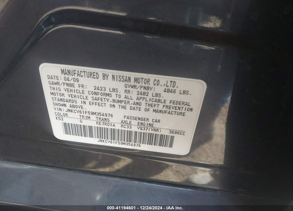 2009 INFINITI G37X VIN: JNKCV61F59M354976