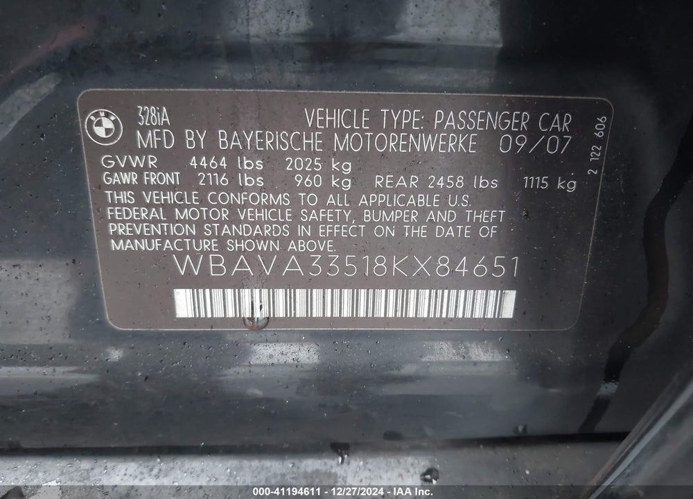 2008 BMW 328I VIN: WBAVA33518KX84651