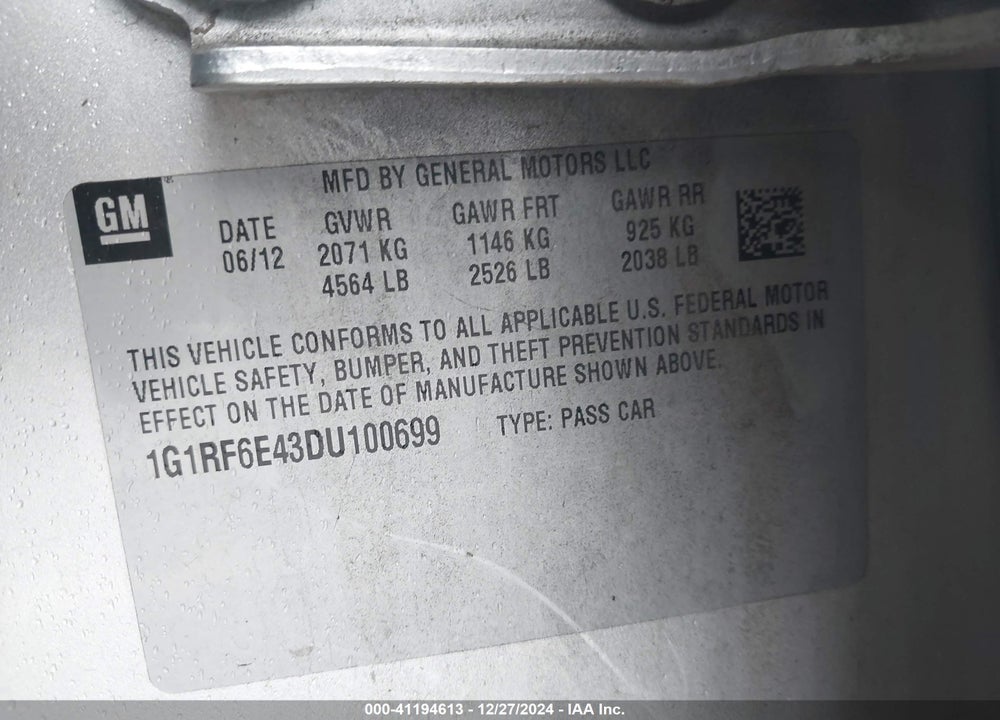 2013 CHEVROLET VOLT VIN: 1G1RF6E43DU100699