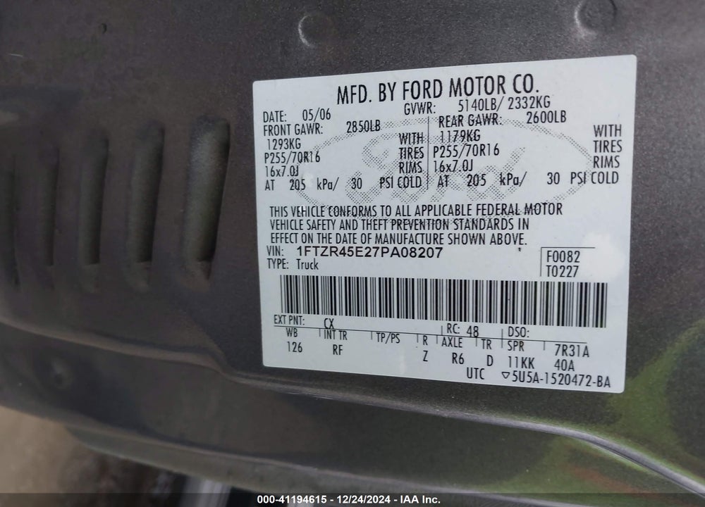 2007 FORD RANGER VIN: 1FTZR45E27PA08207