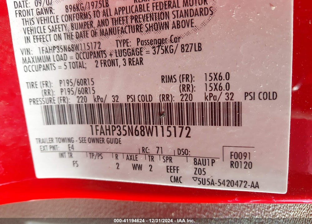 2008 FORD FOCUS SE/SES VIN: 1FAHP35N68W115172