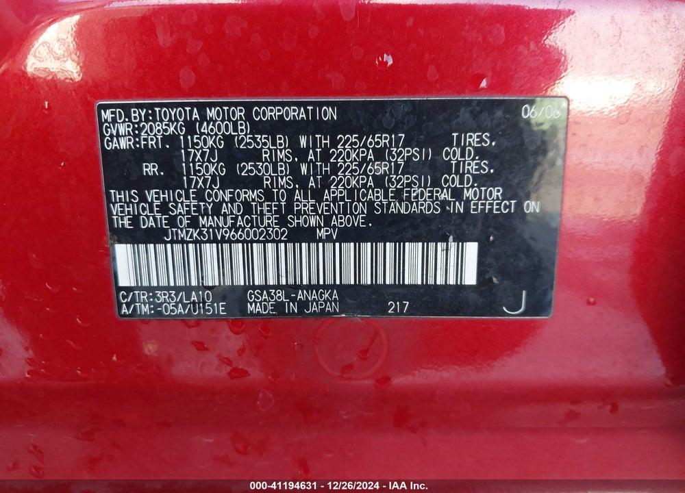 2006 TOYOTA RAV4 LIMITED V6 VIN: JTMZK31V966002302