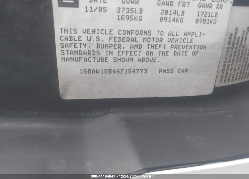 2006 SATURN ION 3 VIN: 1G8AW18B46Z154773