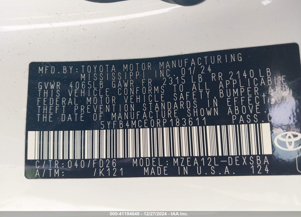 2024 TOYOTA COROLLA NIGHTSHADE EDITION VIN: 5YFB4MCE0RP183611