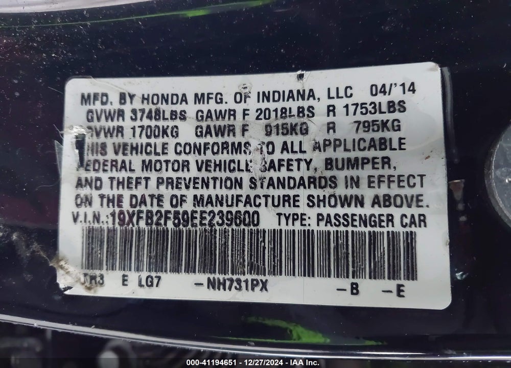 2014 HONDA CIVIC LX VIN: 19XFB2F59EE239600