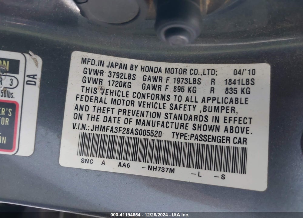 2010 HONDA CIVIC HYBRID VIN: JHMFA3F28AS005520