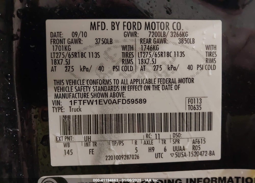 2010 HARLEY-DAVIDSON FORD F-150 FX4//KING RANCH/LARIAT/PLATINUM/XL/XLT VIN: 1FTFW1EV0AFD59589