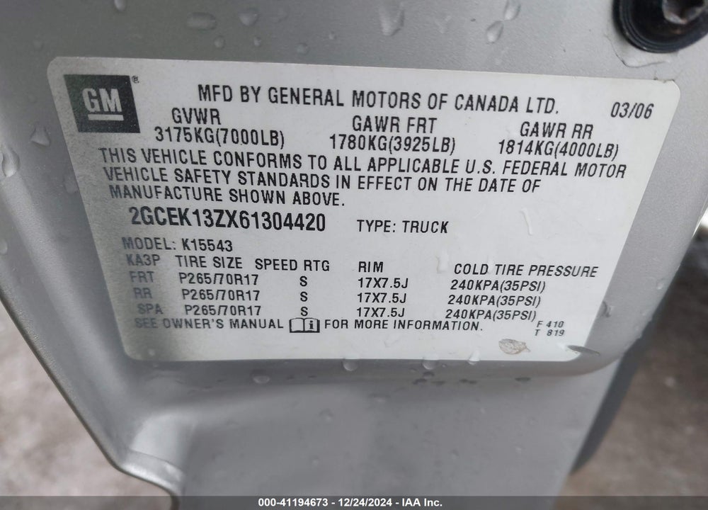 2006 CHEVROLET SILVERADO 1500 LT3 VIN: 2GCEK13ZX61304420