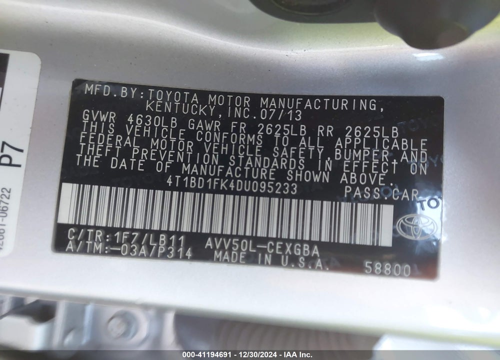 2013 TOYOTA CAMRY HYBRID XLE VIN: 4T1BD1FK4DU095233