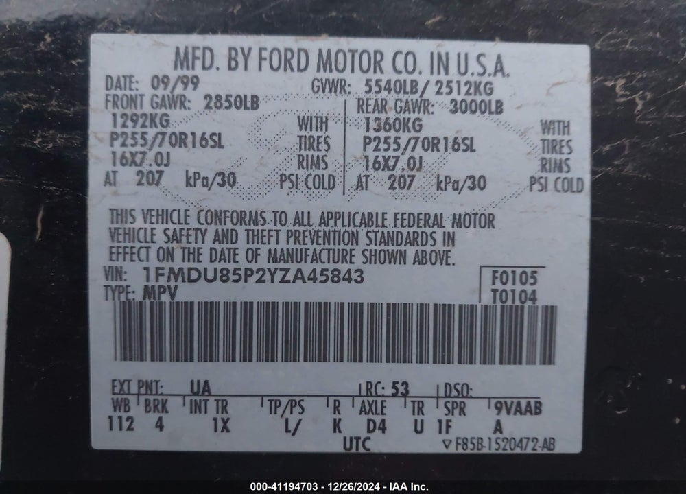 2000 FORD EXPLORER LIMITED VIN: 1FMDU85P2YZA45843