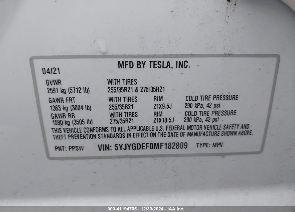 2021 TESLA MODEL Y PERFORMANCE DUAL MOTOR ALL-WHEEL DRIVE VIN: 5YJYGDEF0MF182809