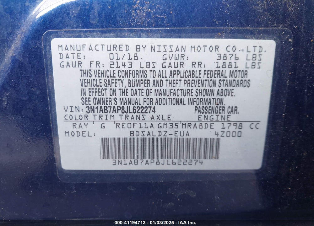 2018 NISSAN SENTRA VIN: 3N1AB7AP8JL622274