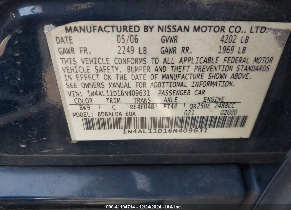 2006 NISSAN ALTIMA 2.5 S VIN: 1N4AL11D16N409631