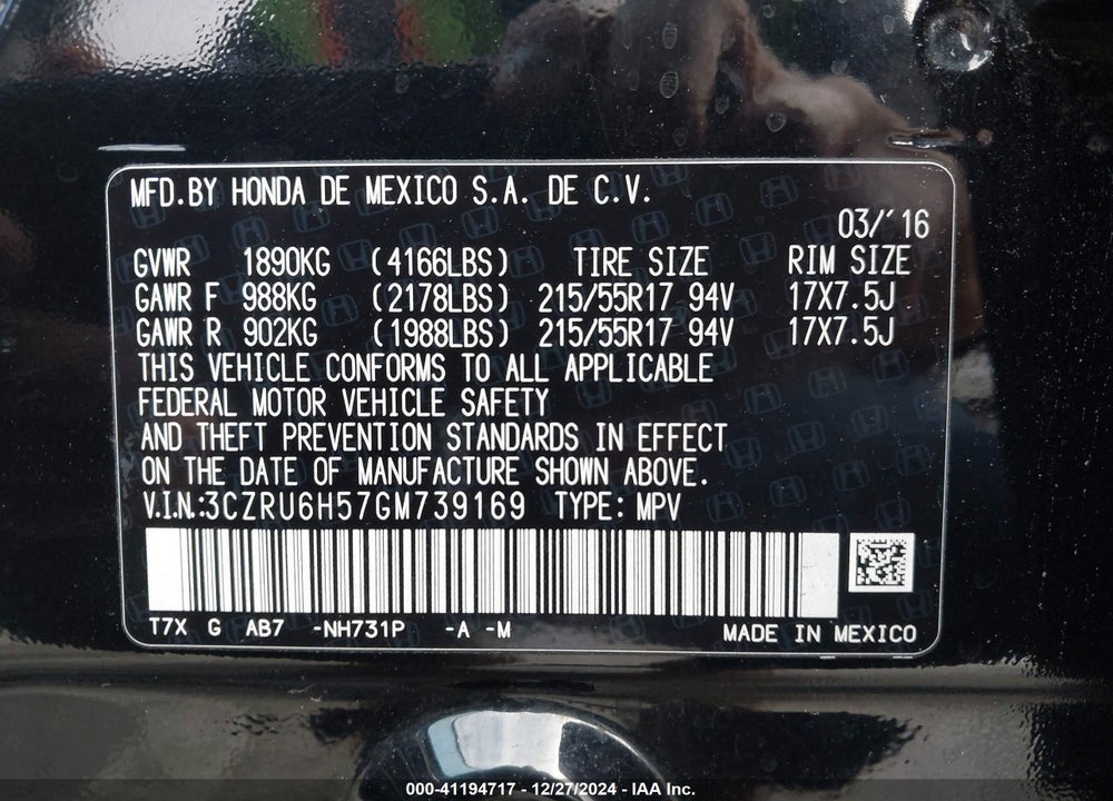 2016 HONDA HR-V EX VIN: 3CZRU6H57GM739169
