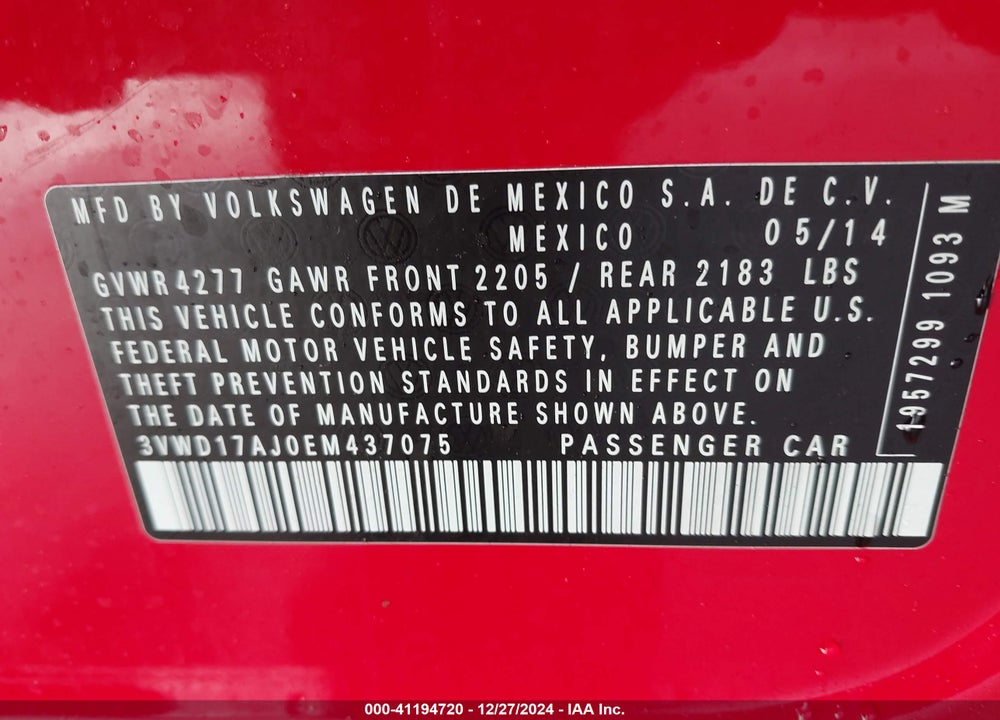 2014 VOLKSWAGEN JETTA VIN: 3VWD17AJ0EM437075