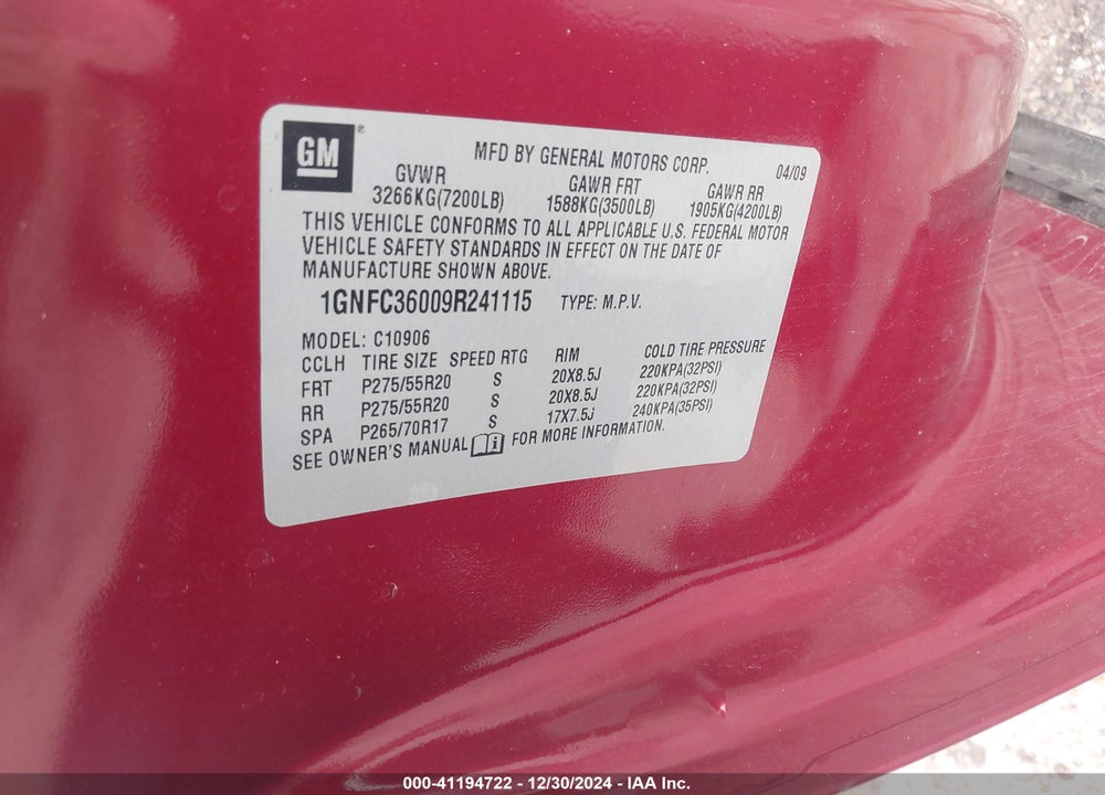 2009 CHEVROLET SUBURBAN 1500 LTZ VIN: 1GNFC36009R241115