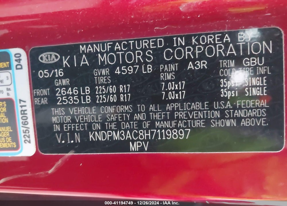 2017 KIA SPORTAGE VIN: KNDPM3AC8H7119897