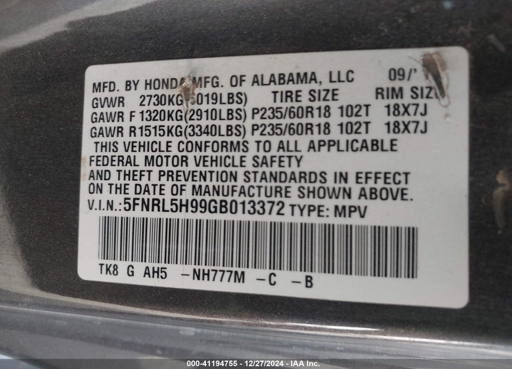 2016 HONDA ODYSSEY TOURING/TOURING ELITE VIN: 5FNRL5H99GB013372