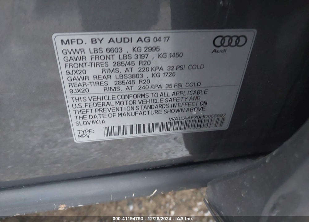 2017 AUDI Q7 3.0T PREMIUM VIN: WA1LAAF70HD055597