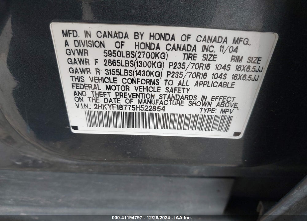 2005 HONDA PILOT EX-L VIN: 2HKYF18775H522854