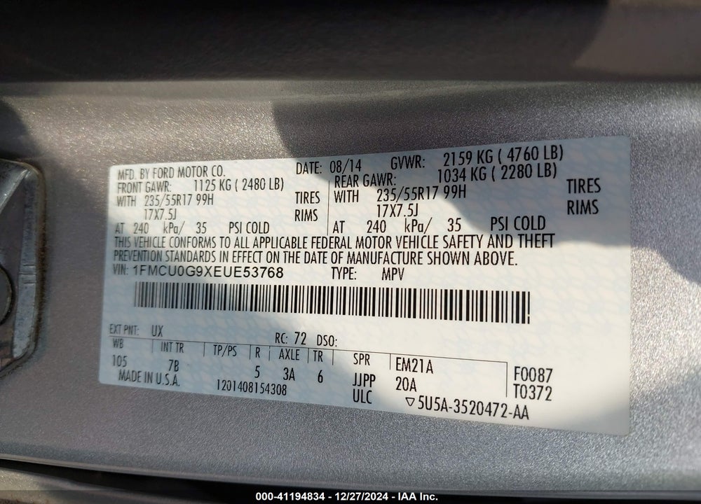 2014 FORD ESCAPE SE VIN: 1FMCU0G9XEUE53768