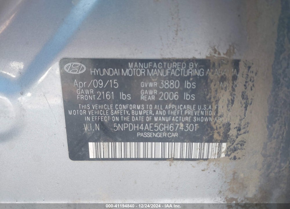 2016 HYUNDAI ELANTRA VIN: 5NPDH4AE5GH674301