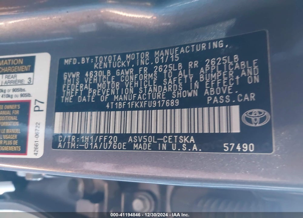 2015 TOYOTA CAMRY SE VIN: 4T1BF1FKXFU917689