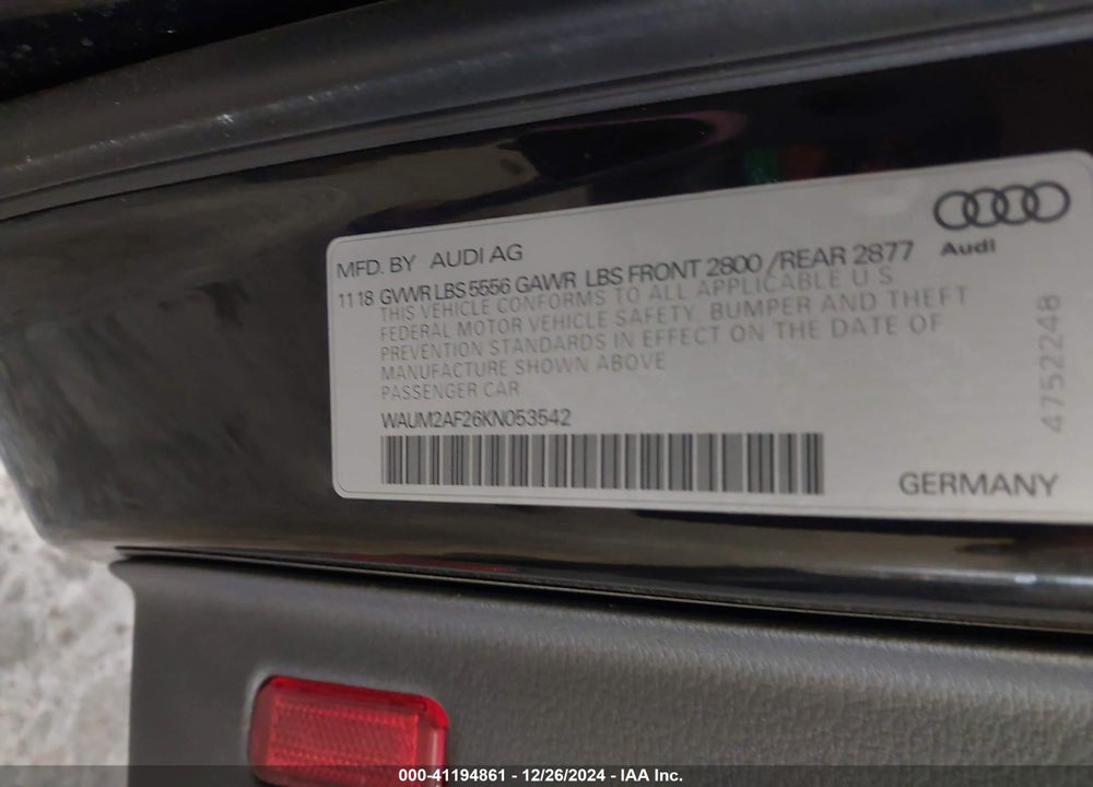 2019 AUDI A6 55 PREMIUM VIN: WAUM2AF26KN053542