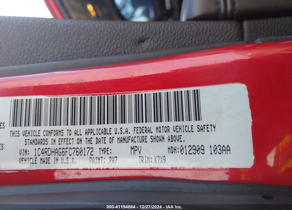 2015 DODGE DURANGO SXT VIN: 1C4RDHAG6FC760172