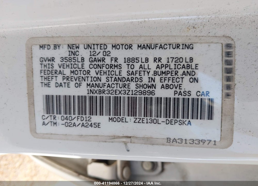 2003 TOYOTA COROLLA S VIN: 1NXBR32EX3Z129896