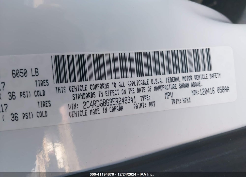2014 DODGE GRAND CARAVAN VIN: 2C4RDGBG3ER249341