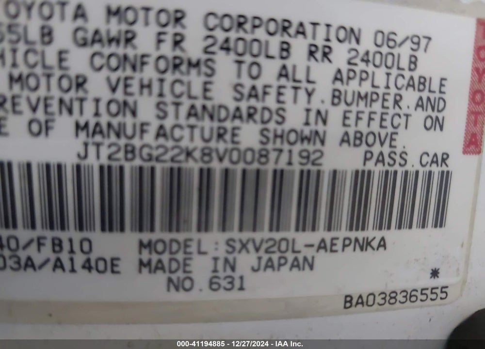 1997 TOYOTA CAMRY LE VIN: JT2BG22K8V0087192