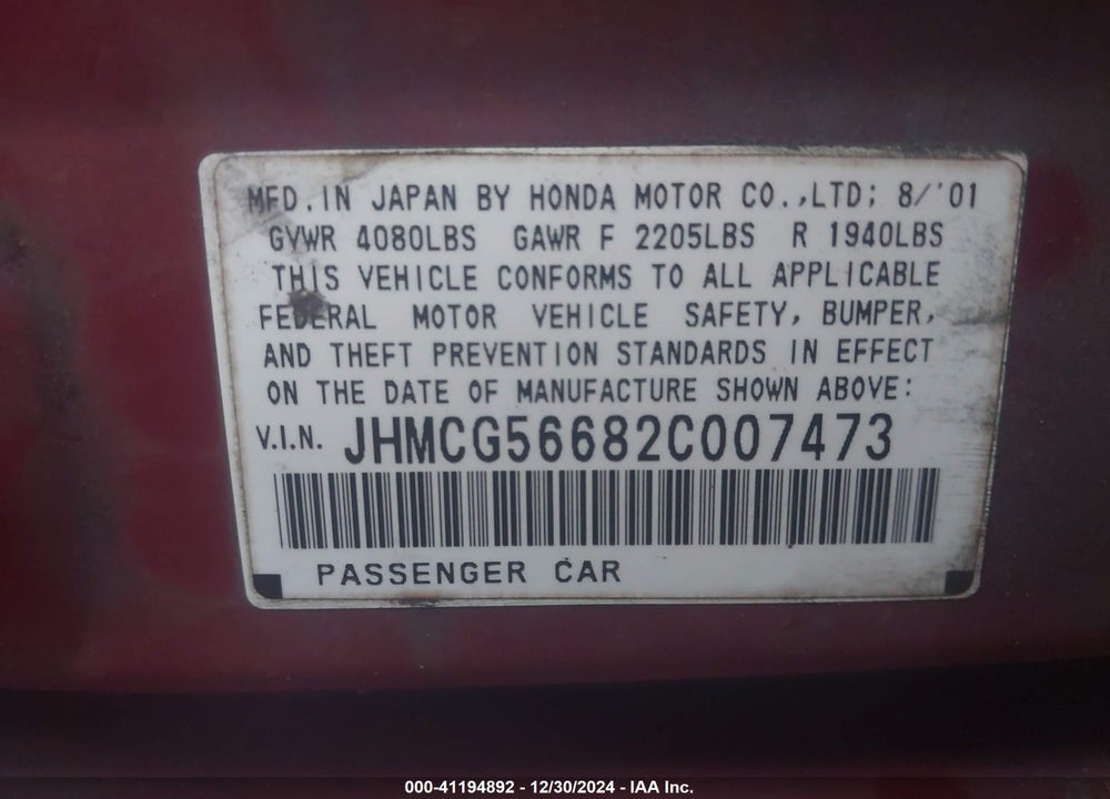 2002 HONDA ACCORD 2.3 EX VIN: JHMCG56682C007473