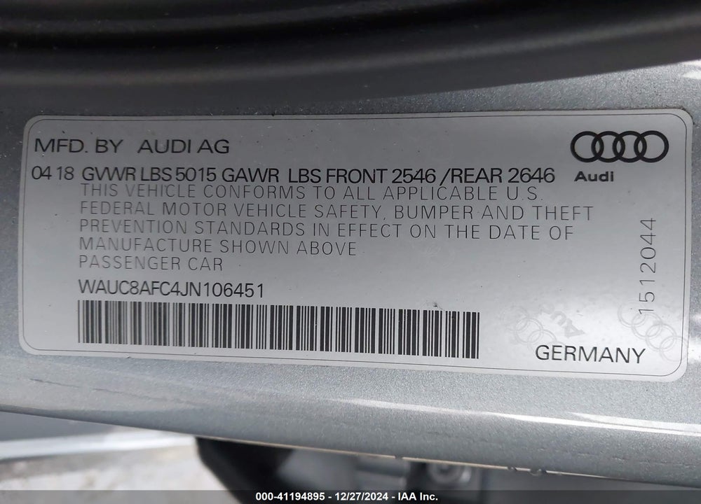 2018 AUDI A6 2.0T PREMIUM/2.0T SPORT VIN: WAUC8AFC4JN106451