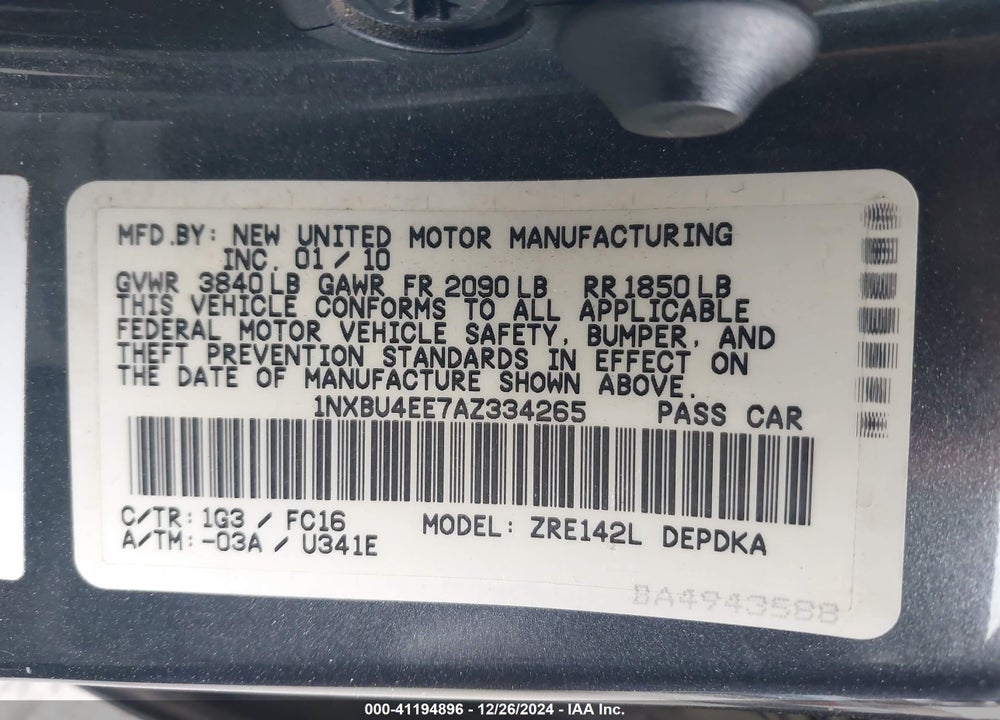 2010 TOYOTA COROLLA LE VIN: 1NXBU4EE7AZ334265