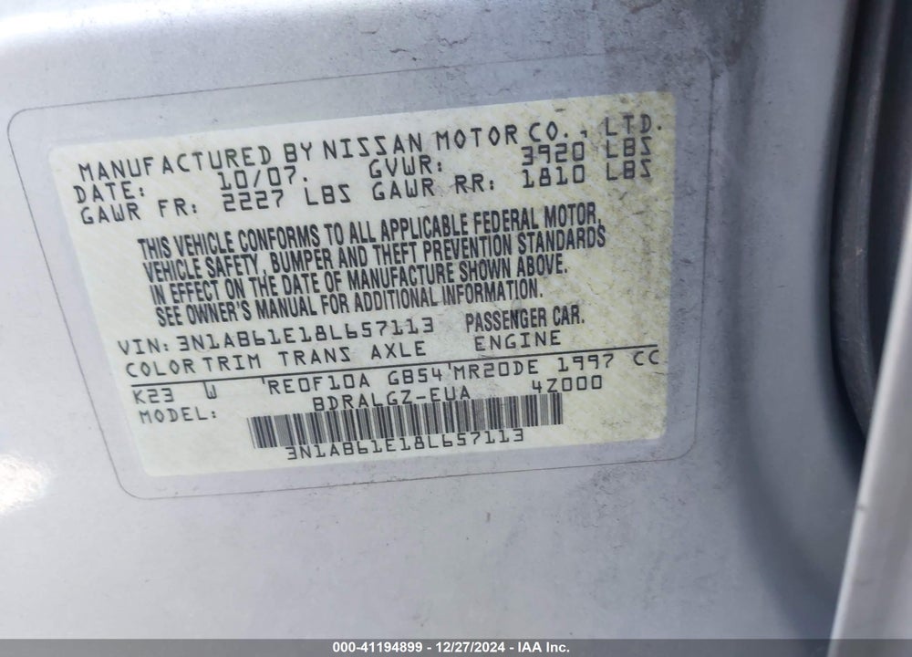 2008 NISSAN SENTRA 2.0SL VIN: 3N1AB61E18L657113