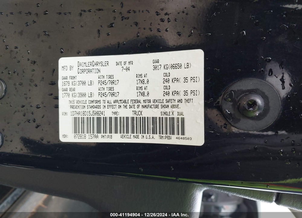 2005 DODGE RAM 1500 ST VIN: 1D7HA18D15J508241
