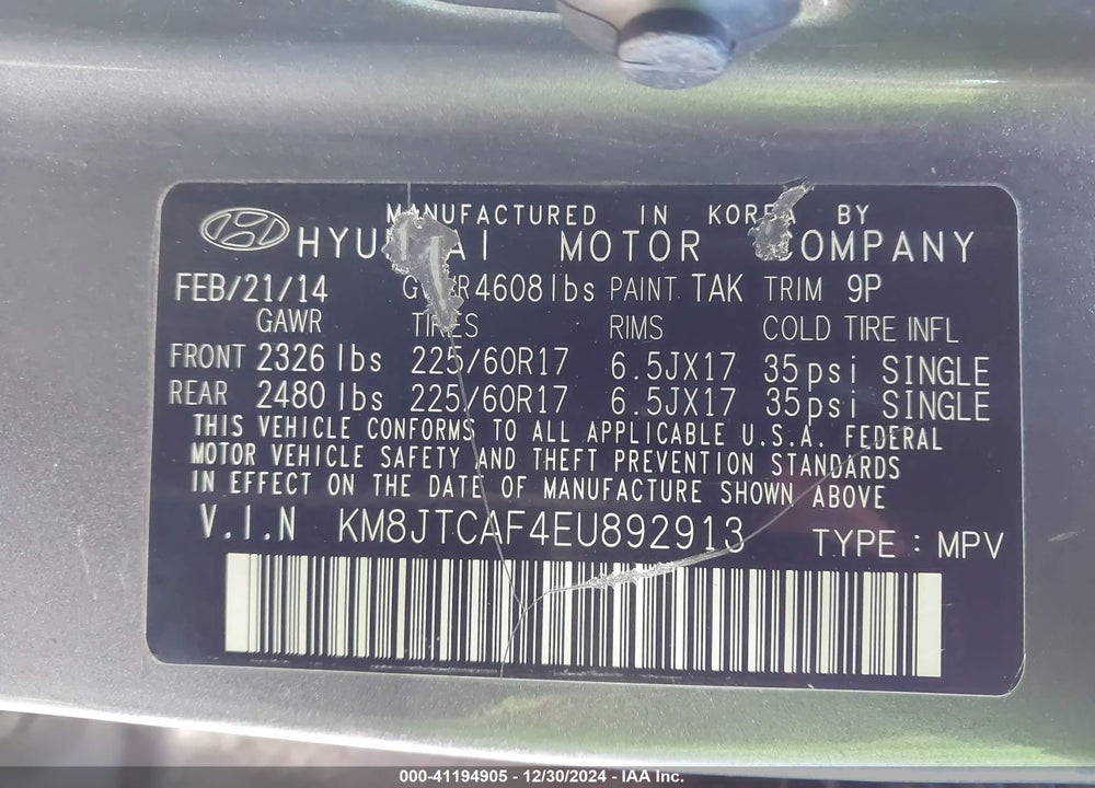 2014 HYUNDAI TUCSON VIN: KM8JTCAF4EU892913