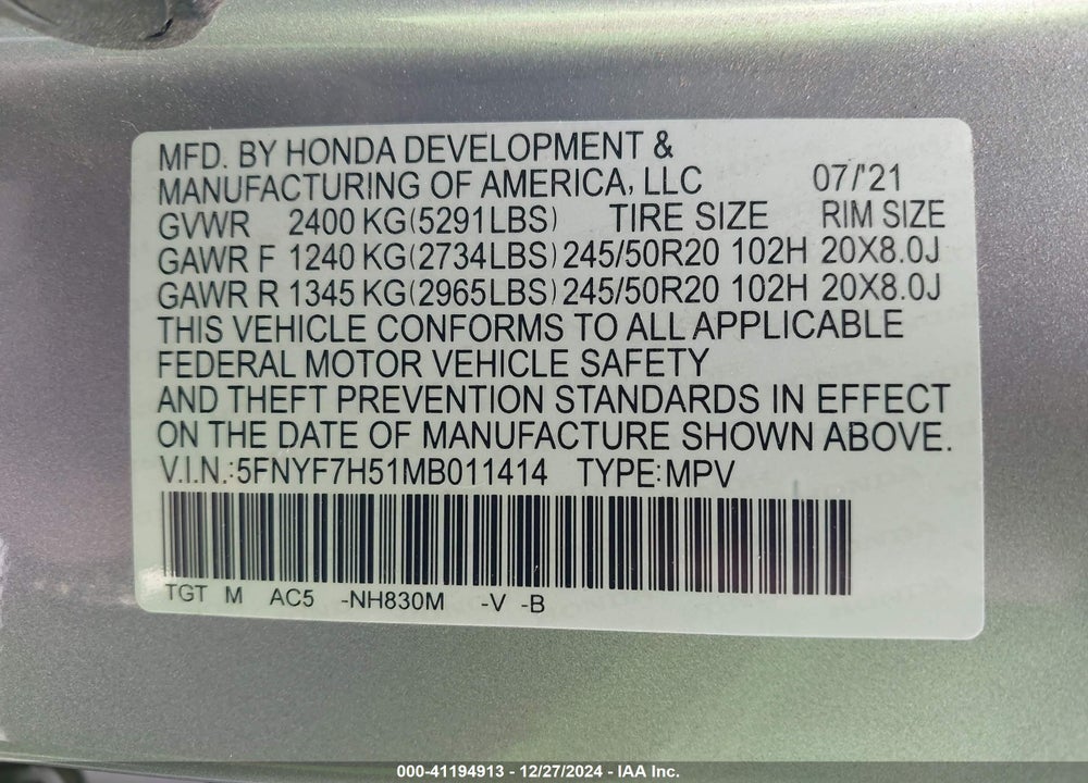 2021 HONDA PASSPORT 2WD EX-L VIN: 5FNYF7H51MB011414