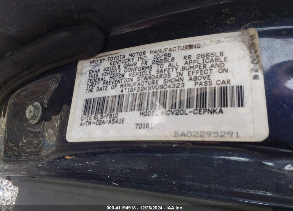 1997 TOYOTA CAMRY LE V6 VIN: 4T1BF22KXVU904323