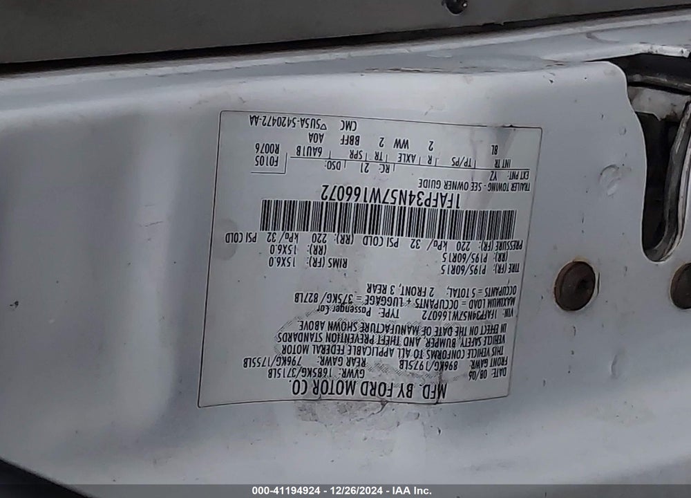 2007 FORD FOCUS S/SE/SES VIN: 1FAFP34N57W166072