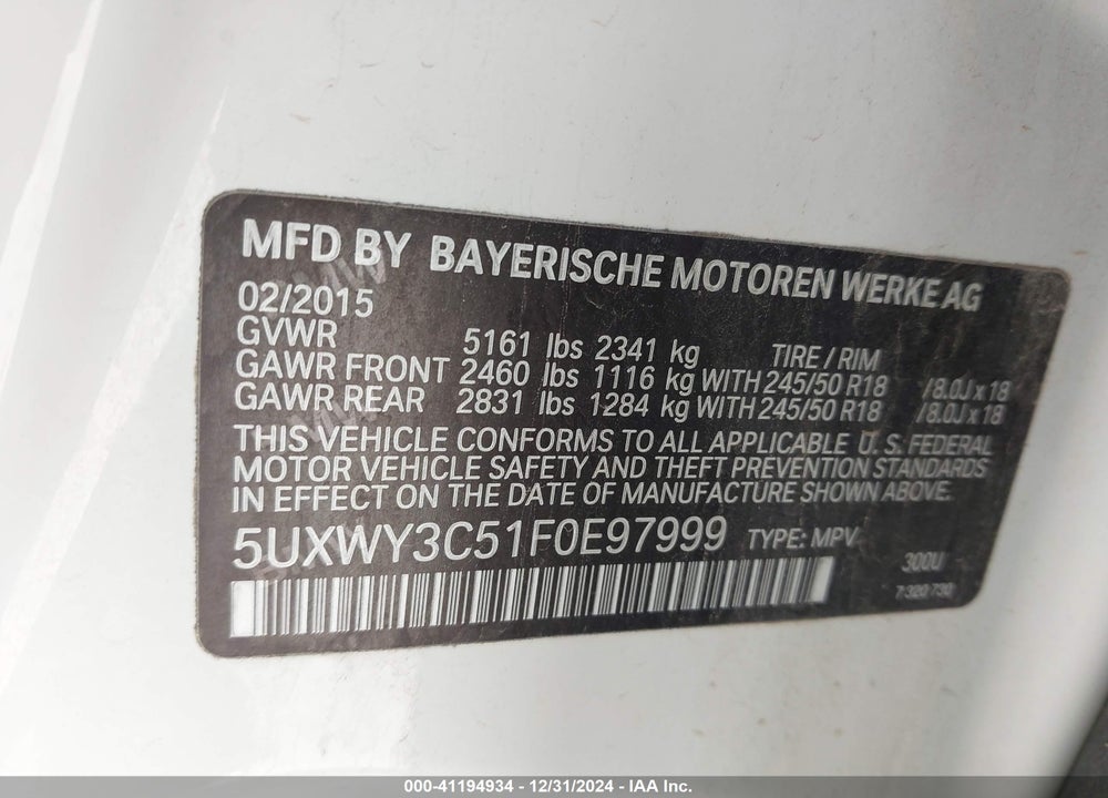 2015 BMW X3 VIN: 5UXWY3C51F0E97999