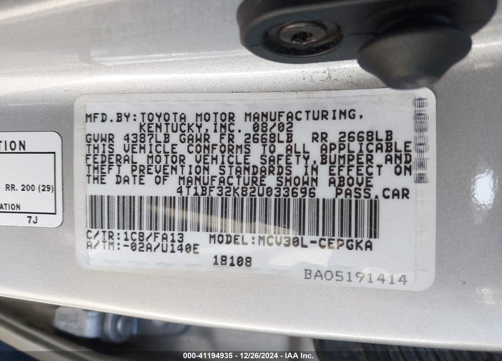 2002 TOYOTA CAMRY XLE V6 VIN: 4T1BF32K82U033696