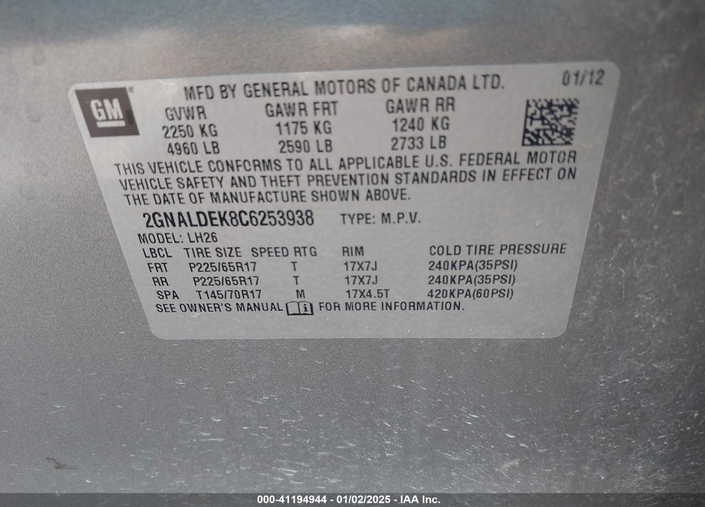 2012 CHEVROLET EQUINOX VIN: 2GNALDEK8C6253938