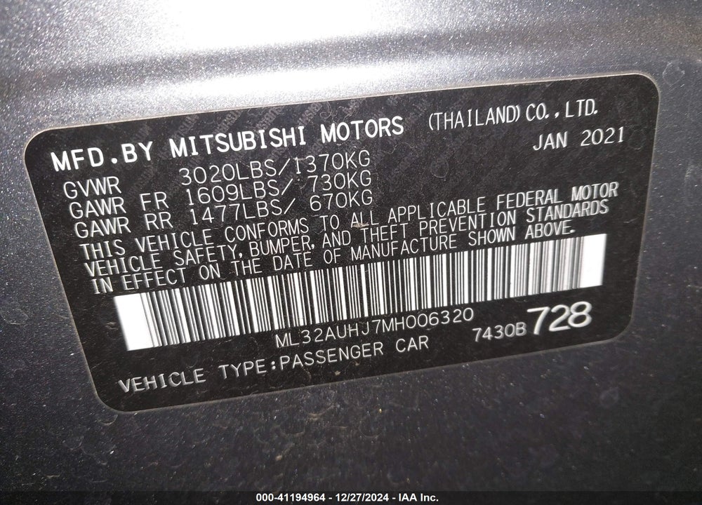 2021 MITSUBISHI MIRAGE VIN: ML32AUHJ7MH006320