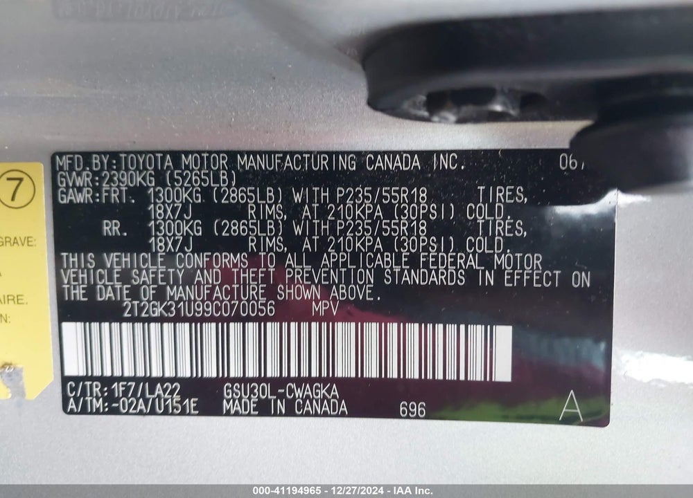 2009 LEXUS RX 350 VIN: 2T2GK31U99C070056