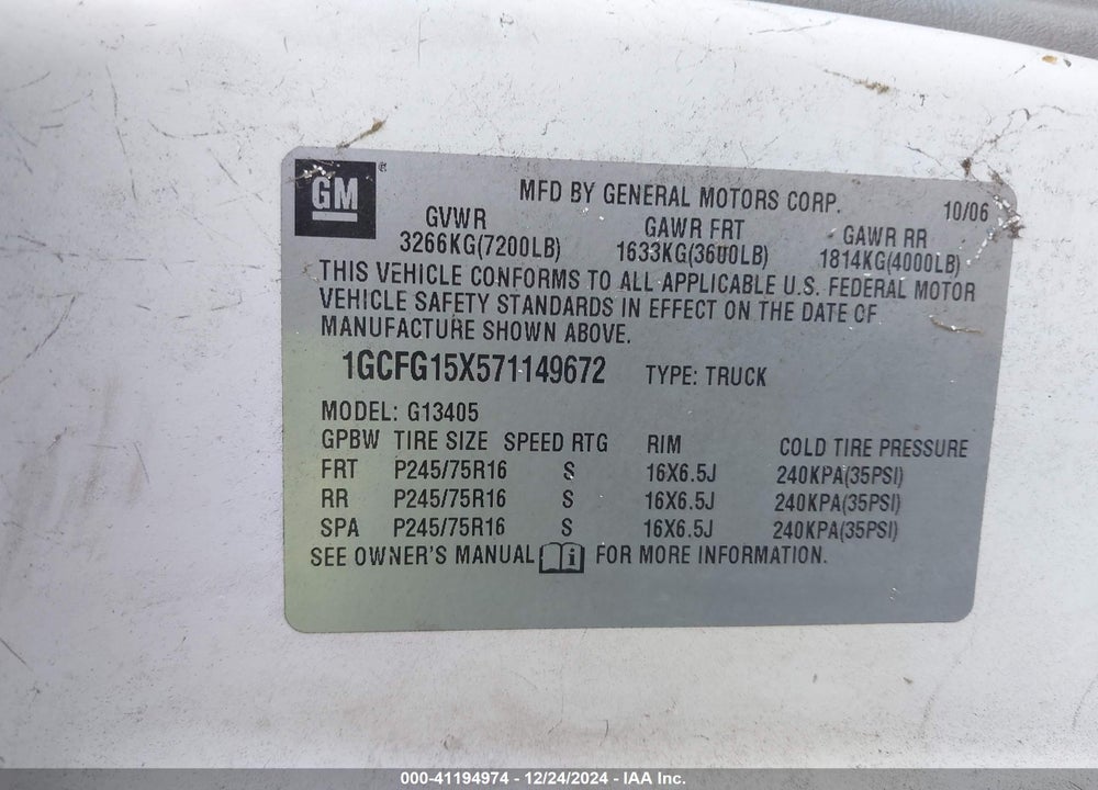 2007 CHEVROLET EXPRESS G1500 VIN: 1GCFG15X571149672