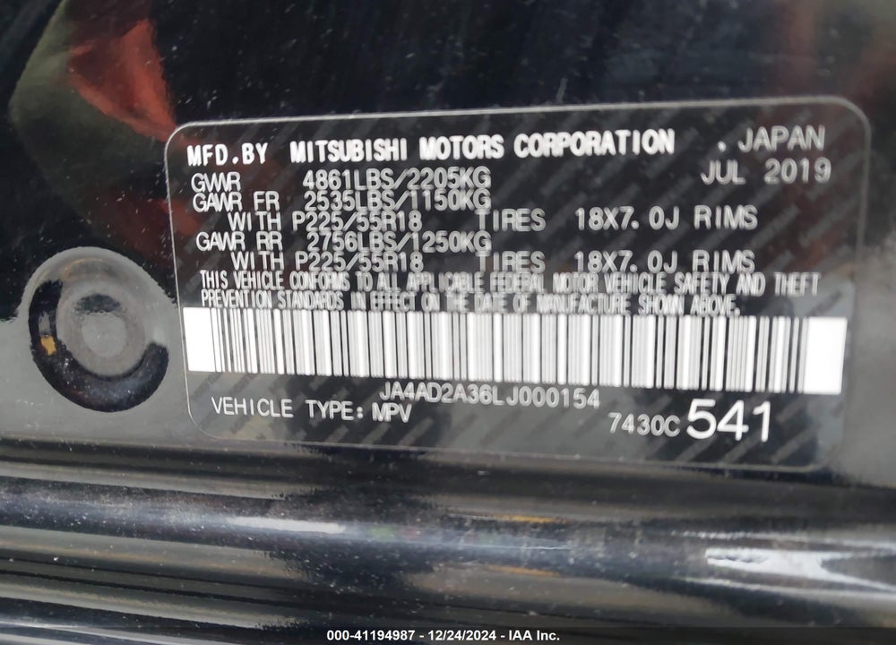 2020 MITSUBISHI OUTLANDER ES 2.4 VIN: JA4AD2A36LJ000154