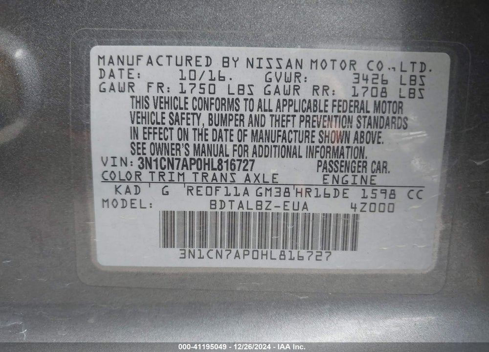 2017 NISSAN VERSA 1.6 SV VIN: 3N1CN7AP0HL816727
