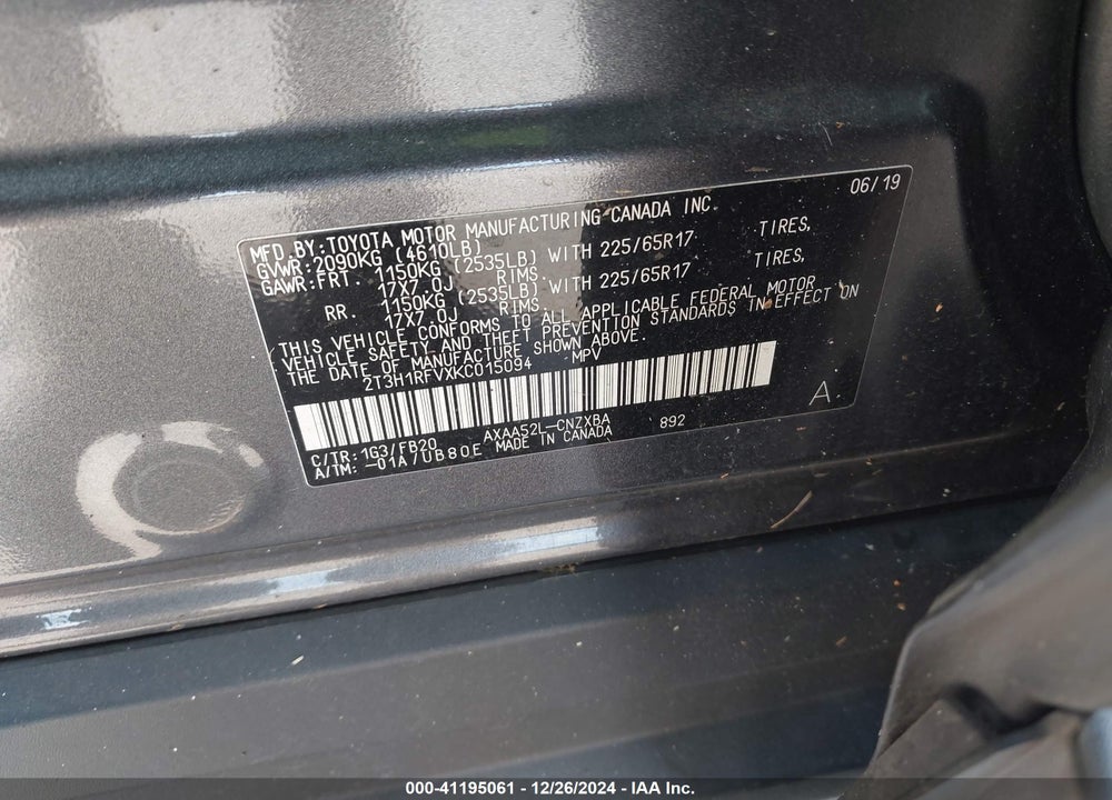 2019 TOYOTA RAV4 VIN: 2T3H1RFVXKC015094